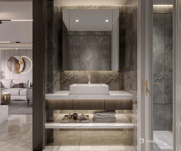 Modern Elegant Bathroom Interior Design With Marble Walls Large Mirror And White Sink 3d model 
