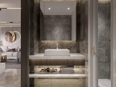 Modern Elegant Bathroom Interior Design With Marble Walls Large Mirror And White Sink 3d model