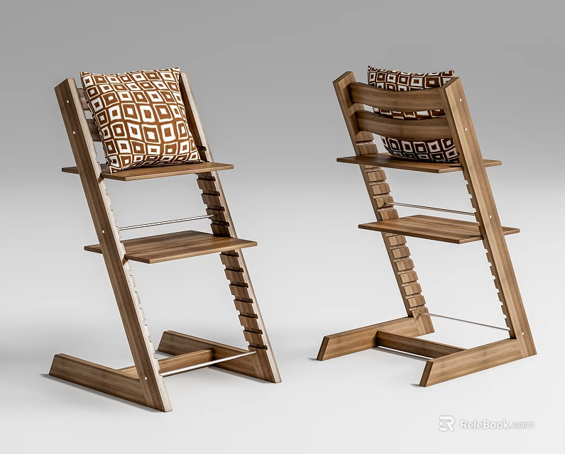 Wooden Bar Stools With Geometric Patterned Cushions And Modern Design 3d model 