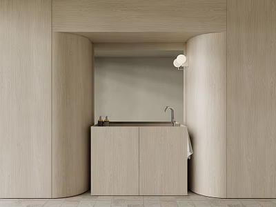 Minimalist Bathroom Washbasin Design With Wooden Cabinet Mirror Faucet And Soft Lighting 3d model
