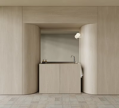 Minimalist Bathroom Washbasin Design With Wooden Cabinet Mirror Faucet And Soft Lighting 3d model