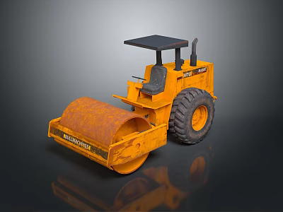 Yellow Road Roller With Steel Drum Cabin And Large Tires For Construction 3d model
