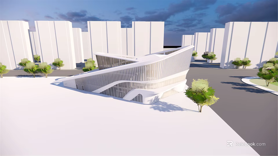 Modern Sales Office Building Features Unique Curved Design Surrounded By High Rises And Green Trees 3d model 