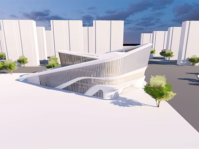 Modern Sales Office Building Features Unique Curved Design Surrounded By High Rises And Green Trees 3d model