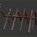 Rustic Wooden Spiked Obstacle With Crossed Planks Red Stains And Sharp Spikes
