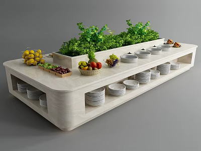 Elegant Buffet Table With Fresh Fruits Vegetables And Stacked Plates 3d model