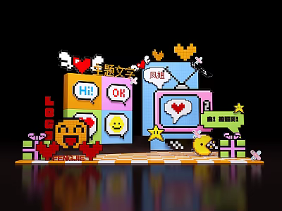 Cartoon Pixel Style Photo Check-in Spot With Heart Emoji Star And Gift Boxes 3d model