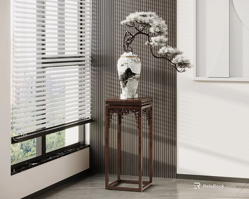 Chinese Style Wooden Carved Flower Stand With Landscape Vase And Window Blinds 3d model 