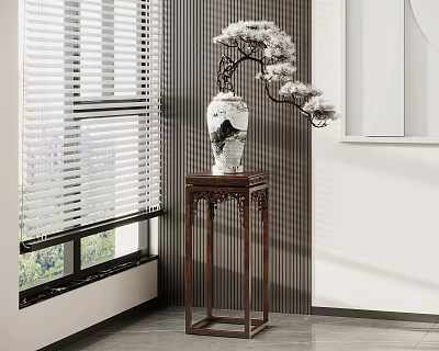 Chinese Style Wooden Carved Flower Stand With Landscape Vase And Window Blinds 3d model