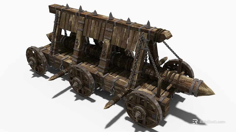 Ancient Wooden Siege Weapon with Spiked Structure and Heavy Wheels 3d model 