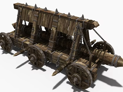 Ancient Wooden Siege Weapon with Spiked Structure and Heavy Wheels 3d model