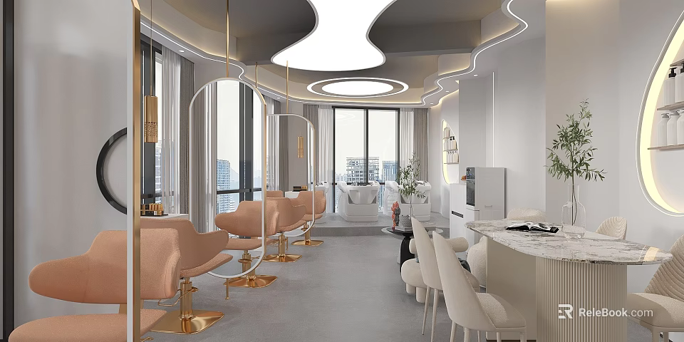 Elegant Modern Beauty Hair Salon Interior With Pink Chairs Gold Accents And Marble Counter 3d model 
