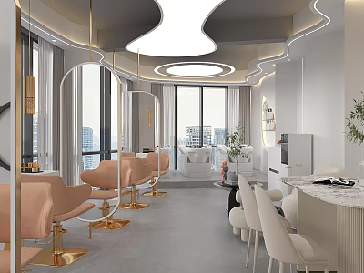 Elegant Modern Beauty Hair Salon Interior With Pink Chairs Gold Accents And Marble Counter 3d model