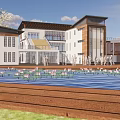 Modern Office Building Architecture Exterior With Glass Curtain Wall Wooden Elements Water Pool And Tower
