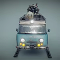 Old Blue Weathered Van With Ski Tracks For Off Road And Roof Mounted Mechanical Equipment