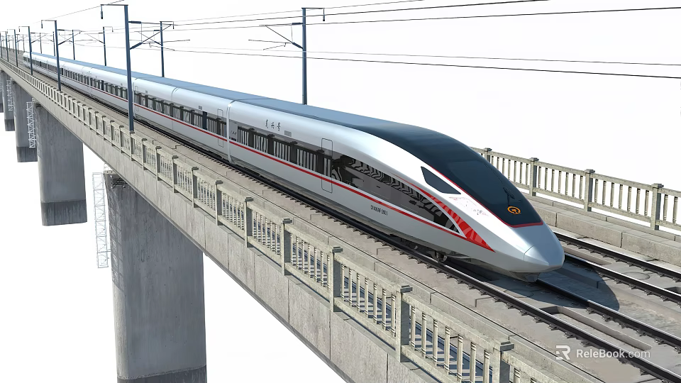 High-Speed Train Running on Elevated Track with Concrete Bridge and Streamlined Design 3d model 