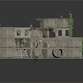 Broken Concrete Building Structure With Exposed Pipes Climbing Vines And Damaged Roof