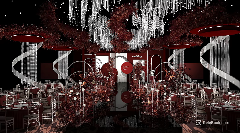 Elegant Modern Banquet Hall Interior With Red Black Decor Crystal Chandeliers And Floral Arrangements 3d model 