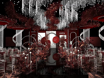 Elegant Modern Banquet Hall Interior With Red Black Decor Crystal Chandeliers And Floral Arrangements 3d model