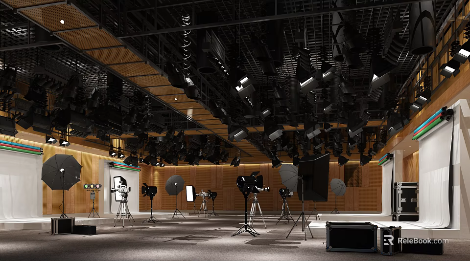 Professional Photography Studio Featuring Lighting Equipment And Photography Gear With Wooden Walls And Metal Ceiling 3d model 