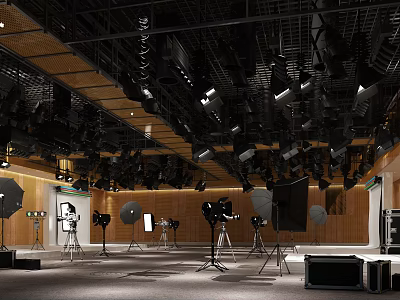 Professional Photography Studio Featuring Lighting Equipment And Photography Gear With Wooden Walls And Metal Ceiling 3d model