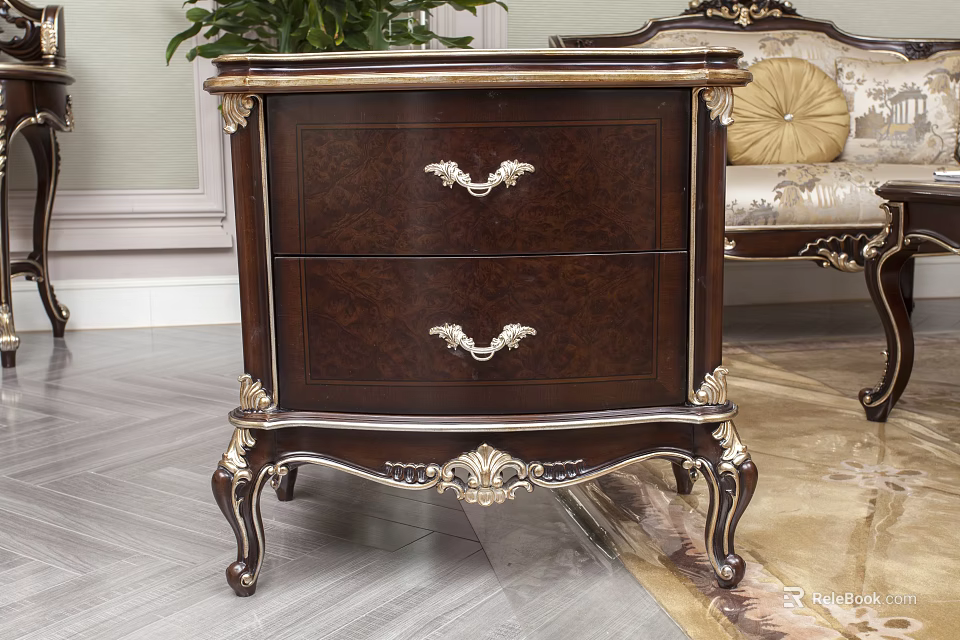 Classic Dark Wood Bedside Table With Two Drawers And Gold Carved Accents 3d model 