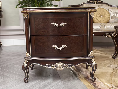 Classic Dark Wood Bedside Table With Two Drawers And Gold Carved Accents 3d model