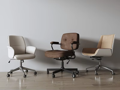 Three Modern Office Chairs In White Brown And Beige With Rolling Wheels Design 3d model