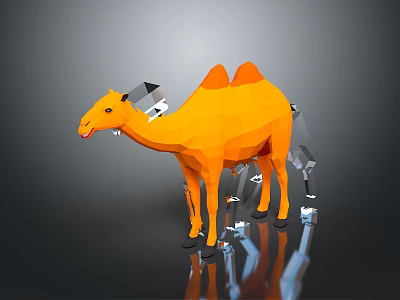 Low Poly Orange Camel Featuring Two Humps On Dark Background With Reflection 3d model