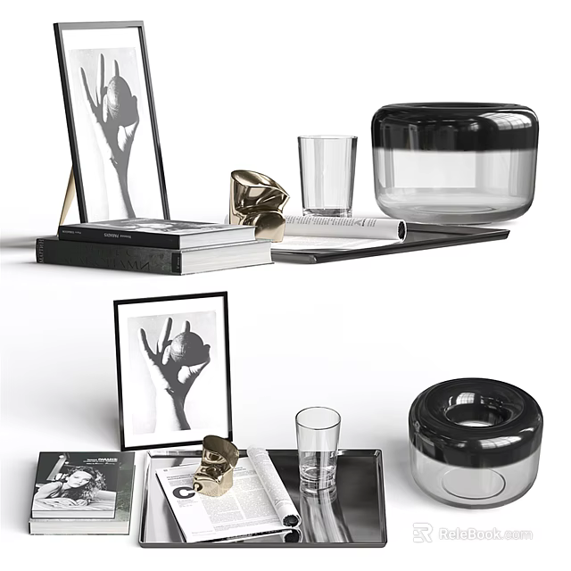 Modern Decorative Ornament Set With Framed Prints Glass Cup Sculpture Books Storage Jar 3d model 