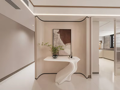 Modern Foyer Hallway With Artistic Painting Green Plant And Unique Console Table 3d model