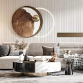 Modern Living Room Interior With Round Decorative Mirror Striped Wall Comfortable Sofa And Coffee Table