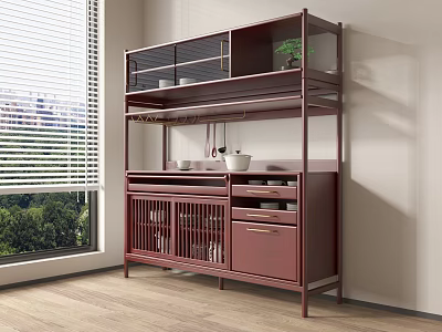 Dark Wooden Tea Cabinet With Glass Doors Drawers And Lattice Design In Room With Window 3d model