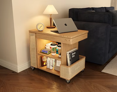 Wooden Side Table With Wheels Lamp Laptop And Storage Shelves Next To Navy Blue Sofa 3d model