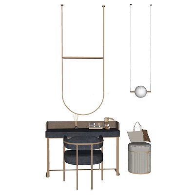 Modern Dressing Table With Oval Mirror Pendant Light And Upholstered Chair 3d model