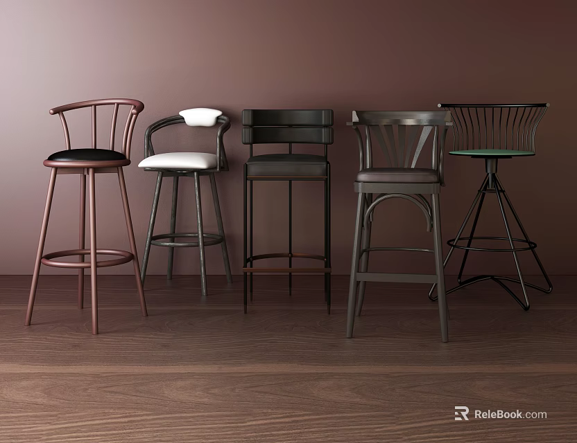 Stylish Modern Bar Stools With Various Designs And Colors In Wooden Floor Setting 3d model 