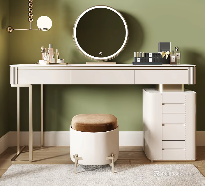 Modern White Dressing Table with Round Mirror Drawers Green Wall and Brown Cushion Stool 3d model 