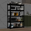 Kitchen Storage Shelf with Microwave Containers Bowls in Modern Kitchen with White Walls Green Cabinets