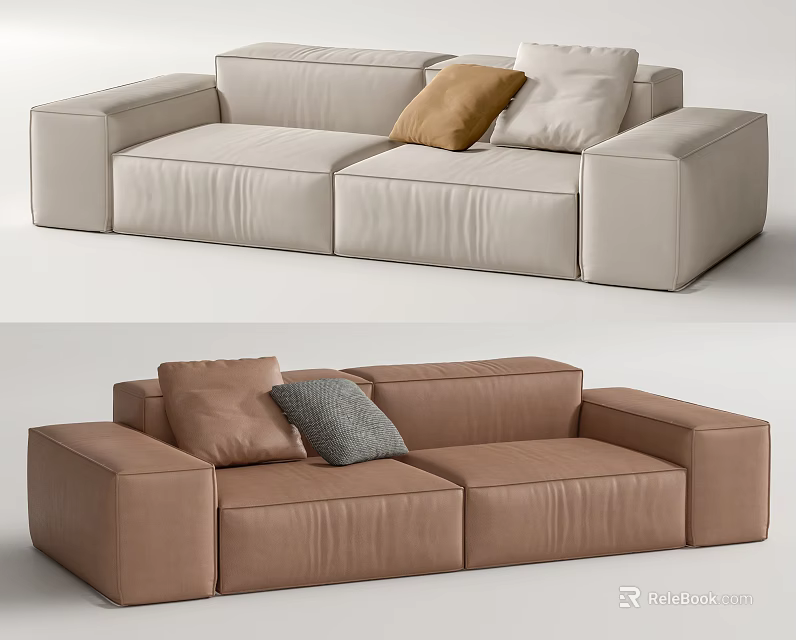 Modern Two-Seater Sofa with Beige and Brown Pillows in Modular Leather Design 3d model