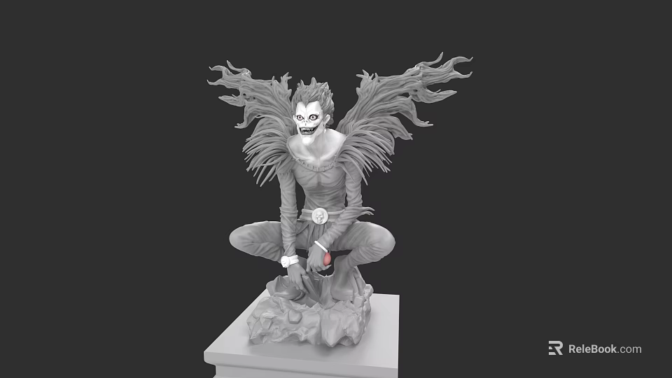 Winged Crouching Game Movie Character Statue With Menacing Fangs And Rock Base 3d model 