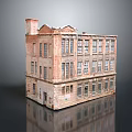 Vintage Red Brick Multi Story Building Model With Weathered Exterior And Windows