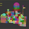 Playful Orange Cartoon Castle Scene With 3D Tower Dome Flag And Block Structures