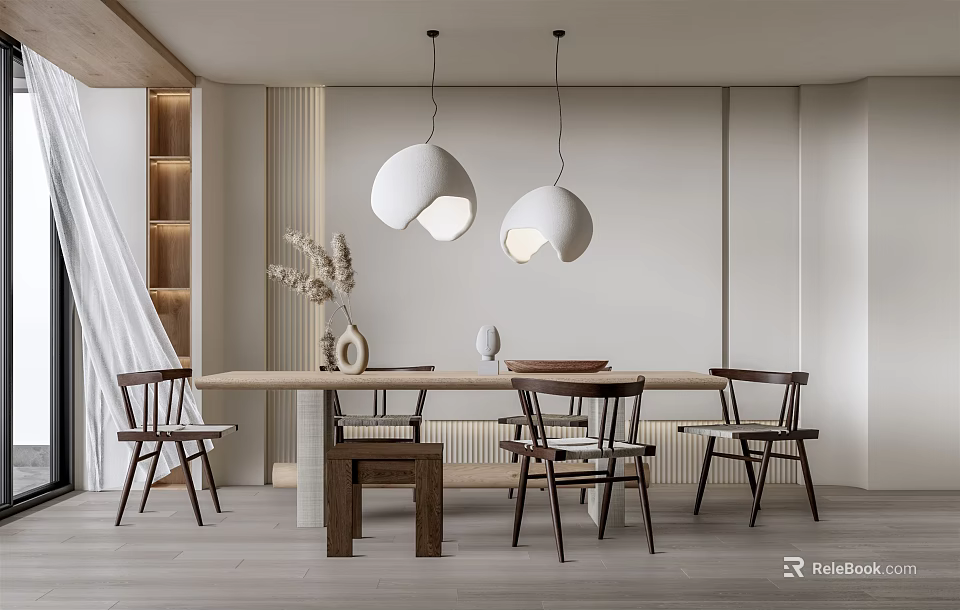 Modern Restaurant Dining Area With Long Wooden Table Chairs And White Spherical Pendant Lights 3d model 