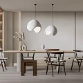 Modern Restaurant Dining Area With Long Wooden Table Chairs And White Spherical Pendant Lights