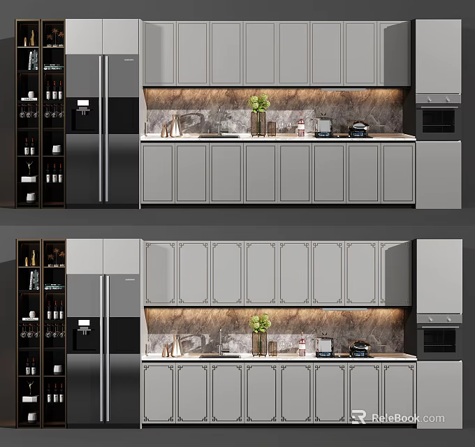 Modern Kitchen With Gray Cabinets Marble Backsplash Wine Rack And Appliances 3d model
