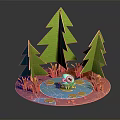 Cartoon Scene With Green Trees Blue Frog And Small Pond On Pink Ground