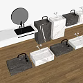 Modern Multiple Washbasins With Black White Marble And Round Mirror In Bathroom 3d model