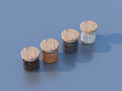 Glass Jars With Wooden Lids Containing Various Food Ingredients On Blue Background 3d model
