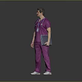 Medical Professional In Purple Scrubs Holding Blue Folder With ID Badge