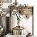 Stylish Decorative Ornament Collection Featuring Gold Vases Dried Flowers Incense Sticks and Books